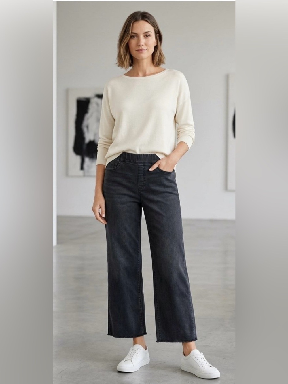 Eileen Fisher Black Cropped Stretch Elastic Waist Raw Hem Wide-Leg Jeans